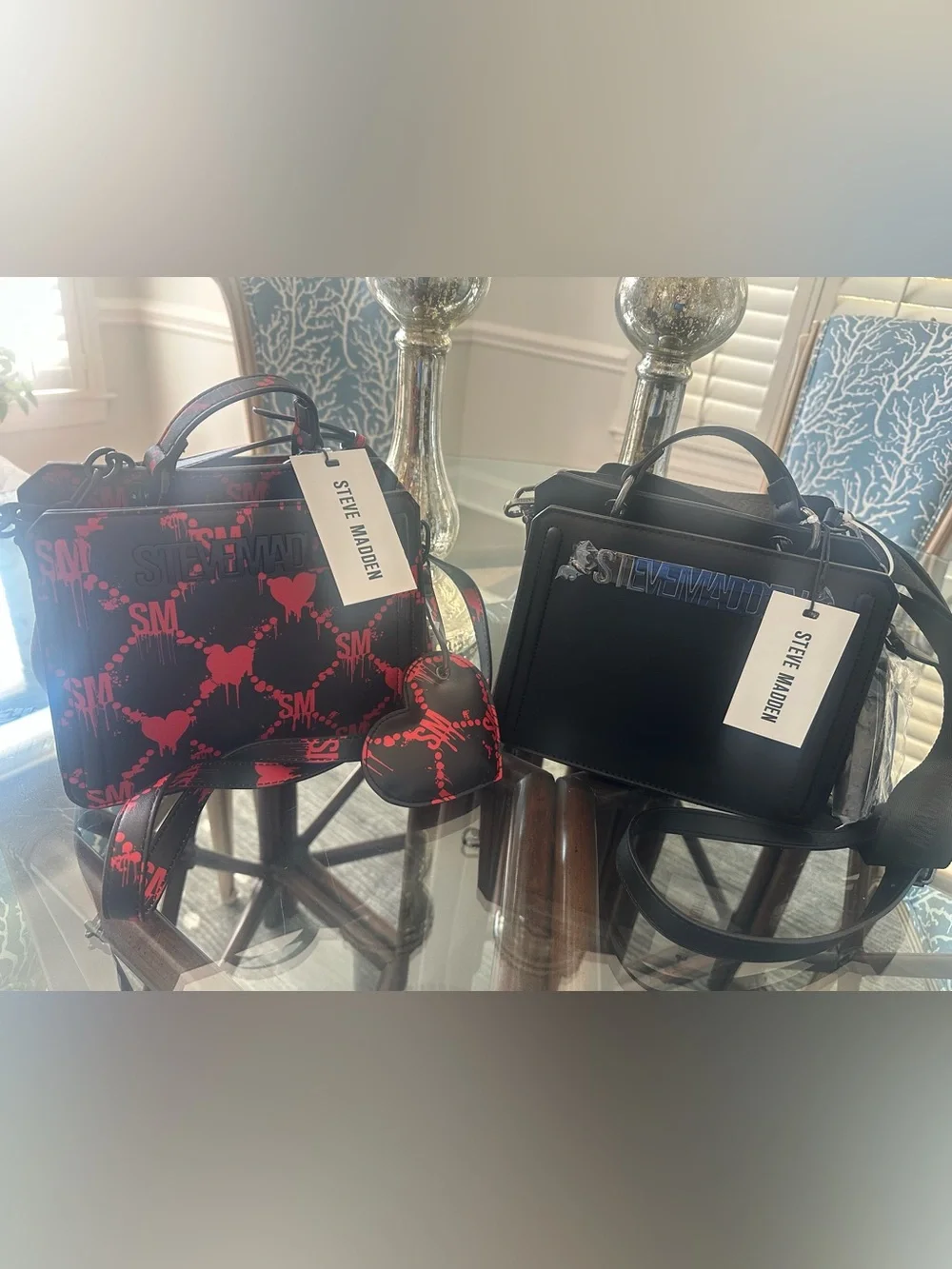 Steve Madden Black and Red Graphic Messenger Bag with Heart Charm